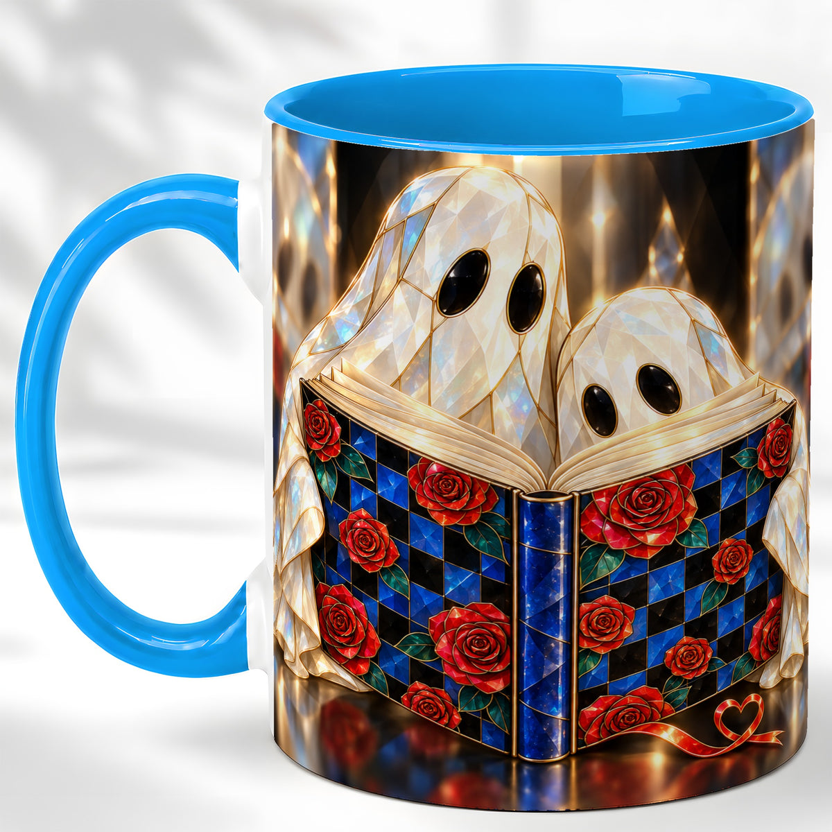 #pl[11oz|Blue] Crystal Ghost Readers Coffee Mug, Rose Book Mug, Ceramic Cup