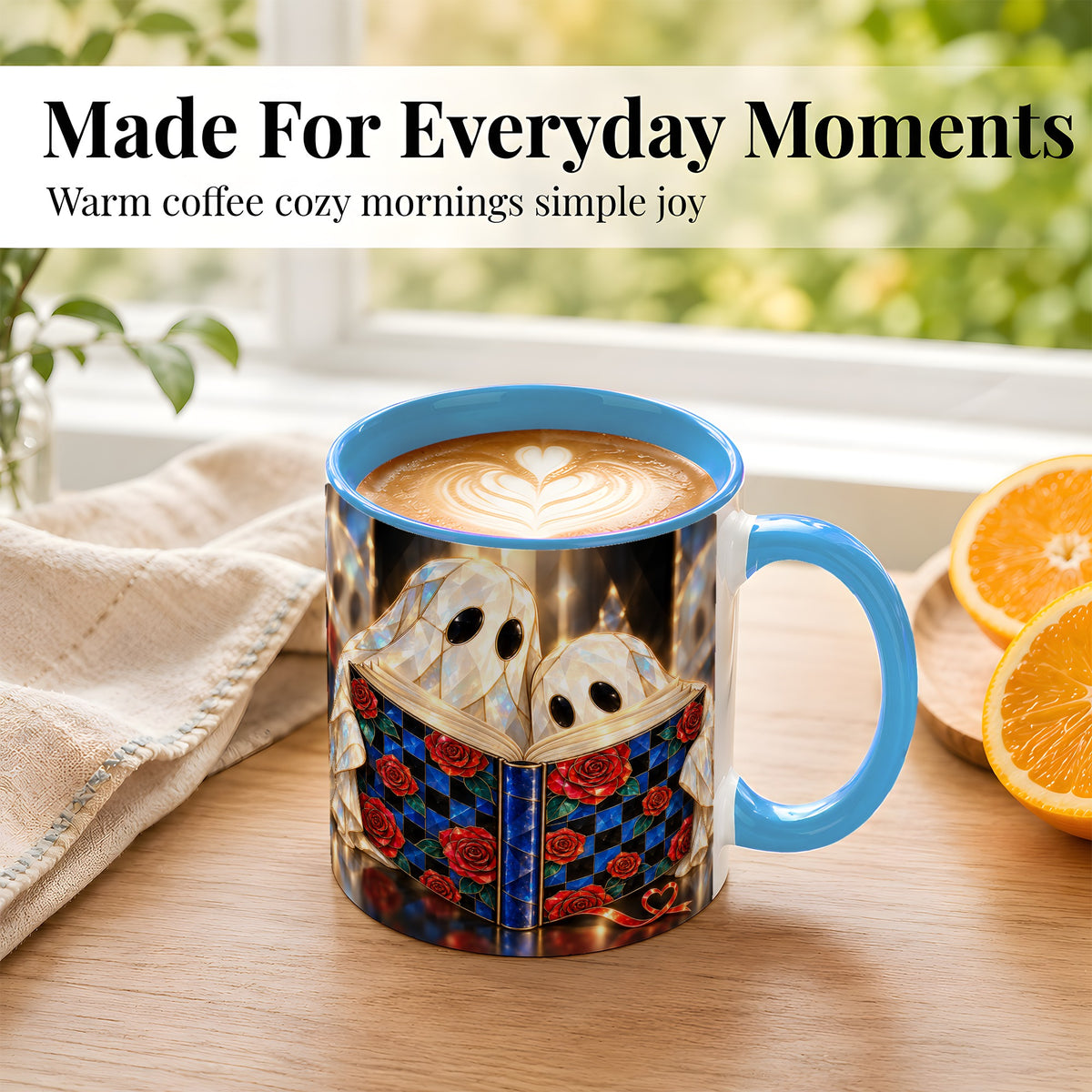 #pl[11oz|Blue] Crystal Ghost Readers Coffee Mug, Rose Book Mug, Ceramic Cup