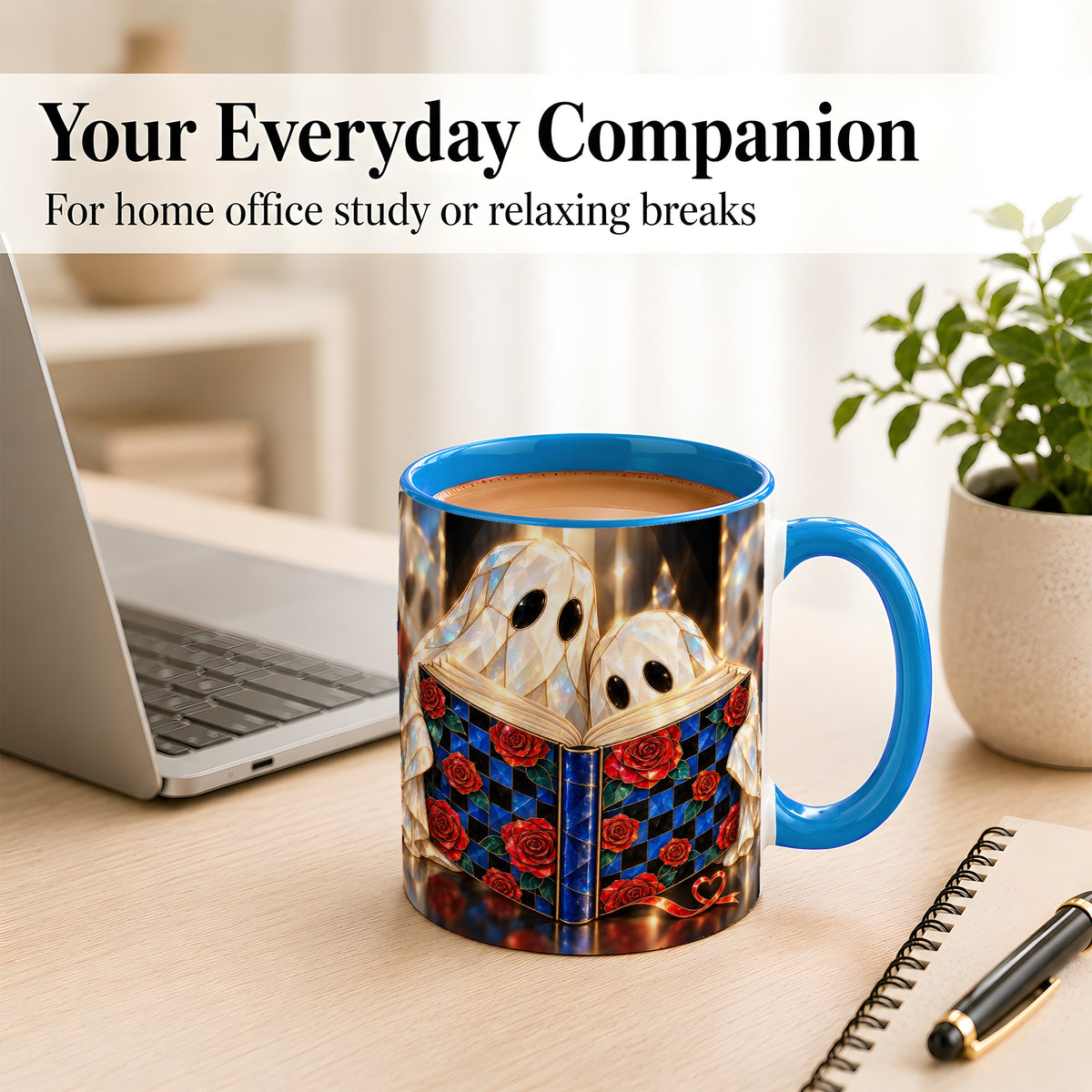 #pl[11oz|Blue] Crystal Ghost Readers Coffee Mug, Rose Book Mug, Ceramic Cup