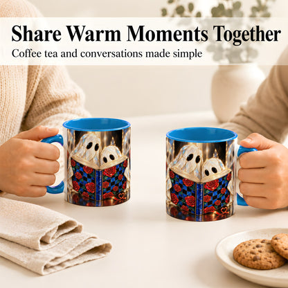 #pl[11oz|Blue] Crystal Ghost Readers Coffee Mug, Rose Book Mug, Ceramic Cup