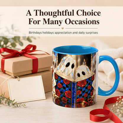 #pl[11oz|Blue] Crystal Ghost Readers Coffee Mug, Rose Book Mug, Ceramic Cup