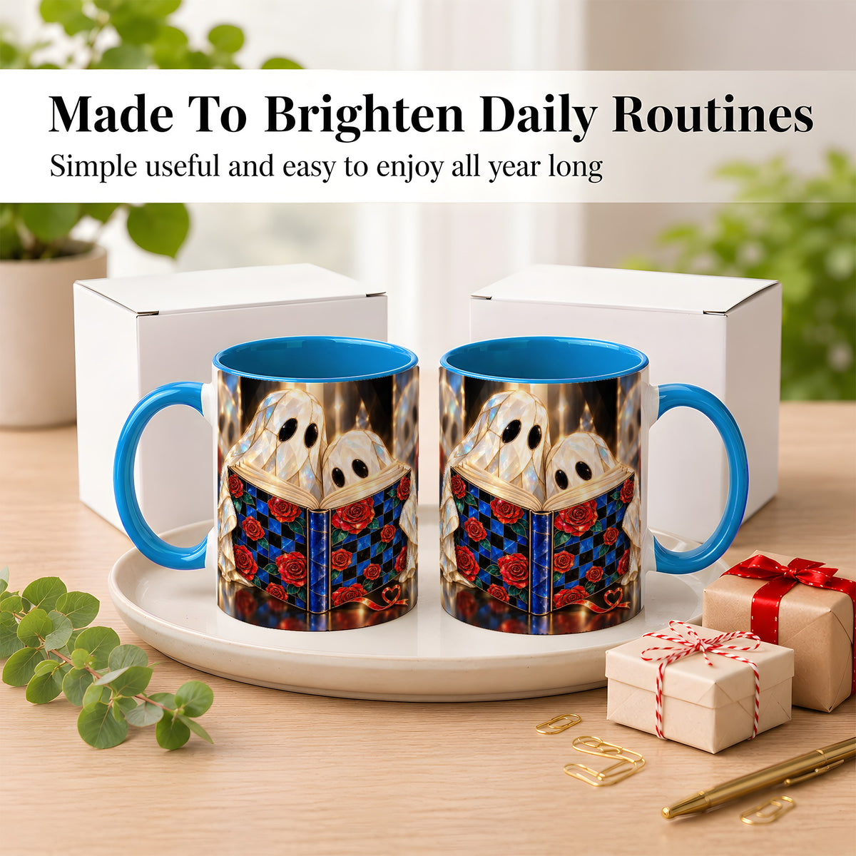 #pl[11oz|Blue] Crystal Ghost Readers Coffee Mug, Rose Book Mug, Ceramic Cup