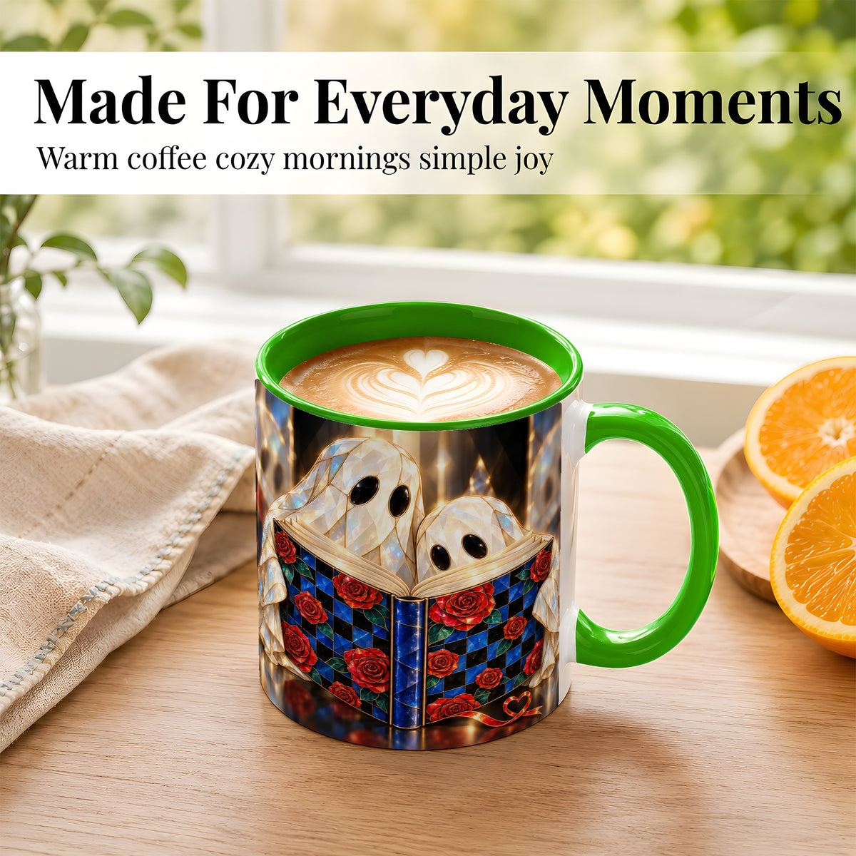 #pl[11oz|Green] Crystal Ghost Readers Coffee Mug, Rose Book Mug, Ceramic Cup