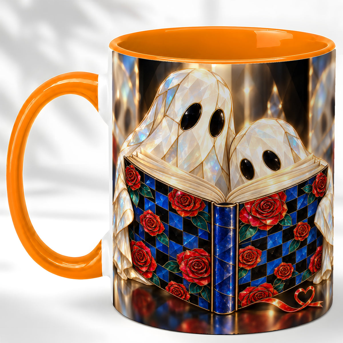 #pl[11oz|Orange] Crystal Ghost Readers Coffee Mug, Rose Book Mug, Ceramic Cup