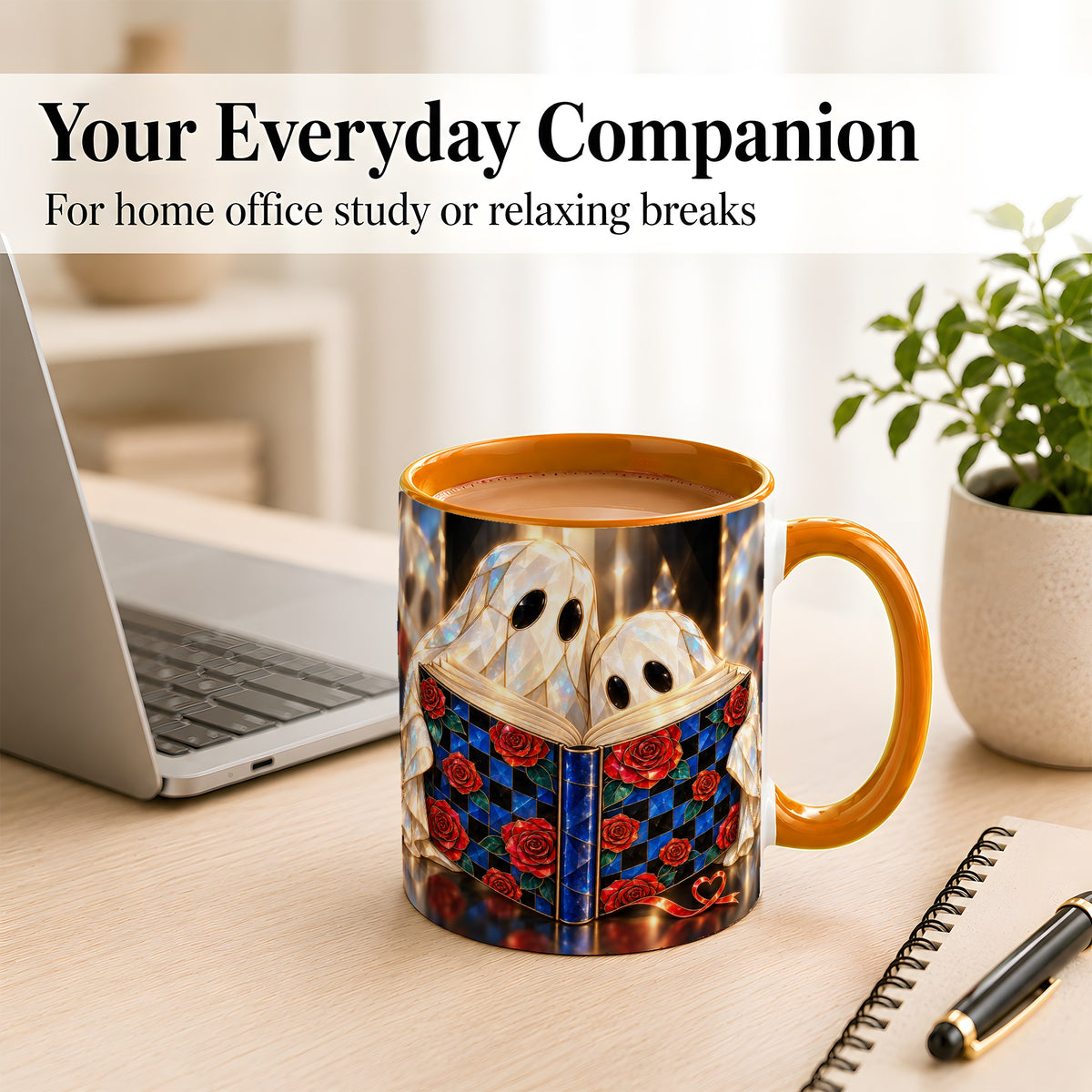 #pl[11oz|Orange] Crystal Ghost Readers Coffee Mug, Rose Book Mug, Ceramic Cup