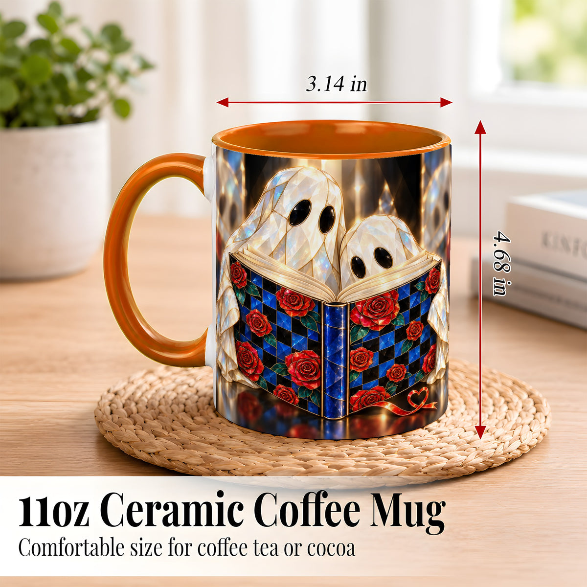 #pl[11oz|Orange] Crystal Ghost Readers Coffee Mug, Rose Book Mug, Ceramic Cup