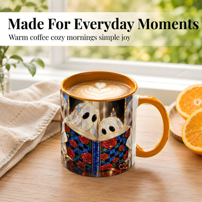 #pl[11oz|Orange] Crystal Ghost Readers Coffee Mug, Rose Book Mug, Ceramic Cup