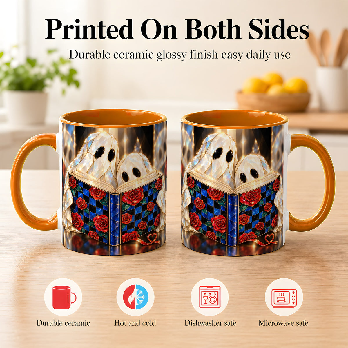 #pl[11oz|Orange] Crystal Ghost Readers Coffee Mug, Rose Book Mug, Ceramic Cup