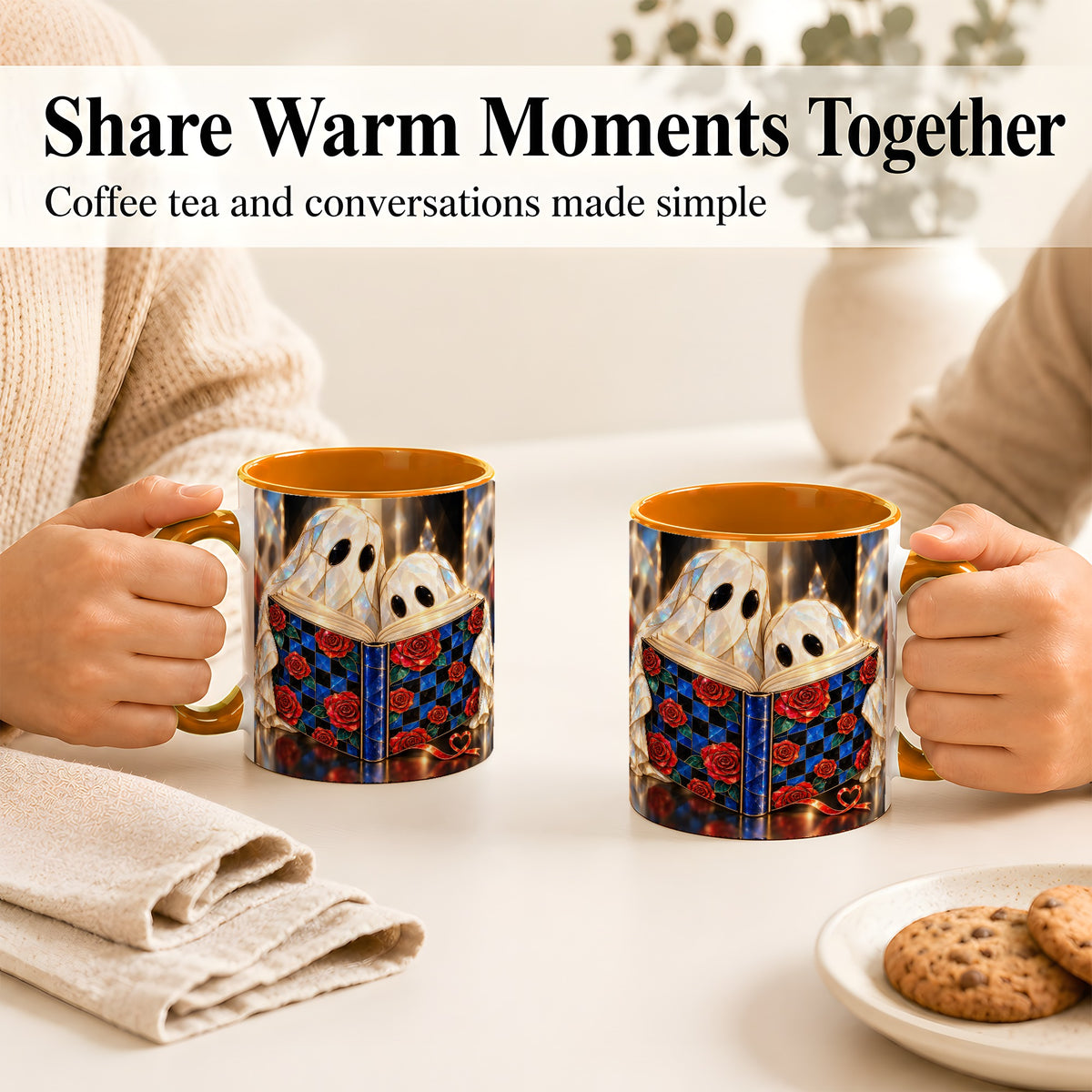 #pl[11oz|Orange] Crystal Ghost Readers Coffee Mug, Rose Book Mug, Ceramic Cup