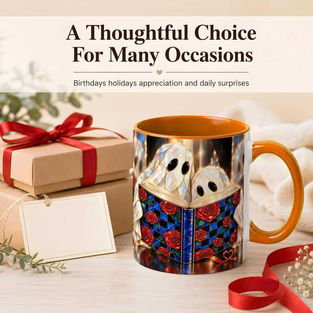 #pl[11oz|Orange] Crystal Ghost Readers Coffee Mug, Rose Book Mug, Ceramic Cup