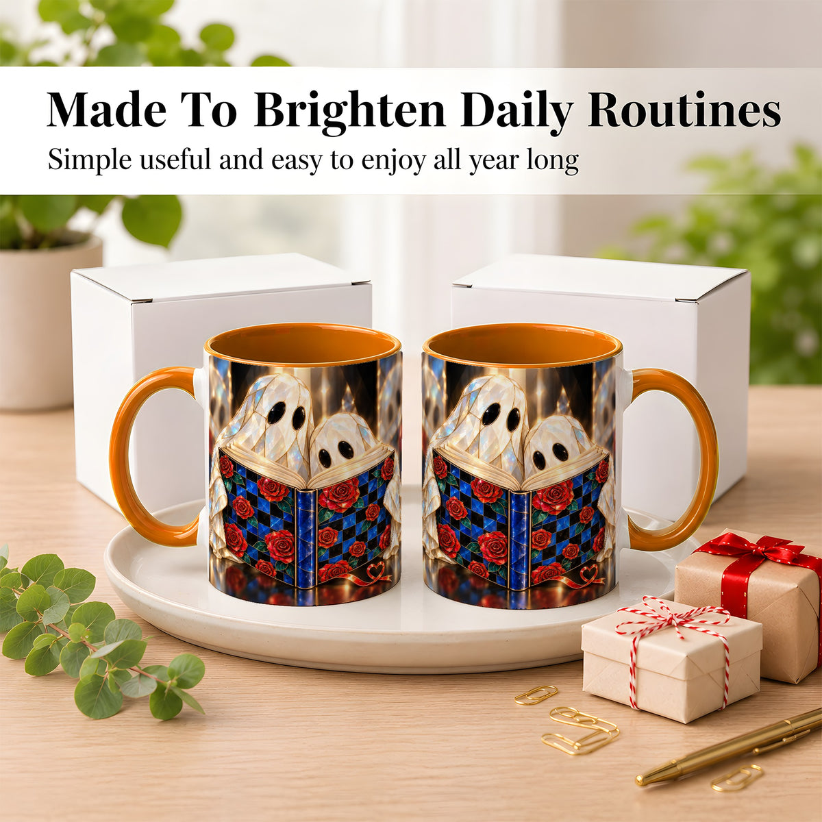 #pl[11oz|Orange] Crystal Ghost Readers Coffee Mug, Rose Book Mug, Ceramic Cup