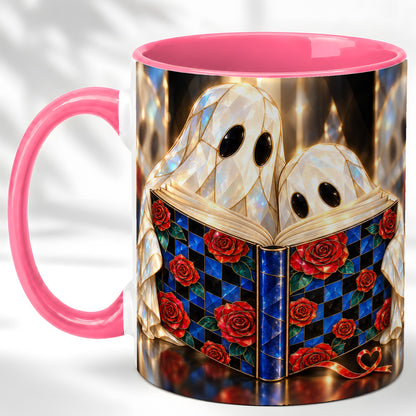 #pl[11oz|Pink] Crystal Ghost Readers Coffee Mug, Rose Book Mug, Ceramic Cup