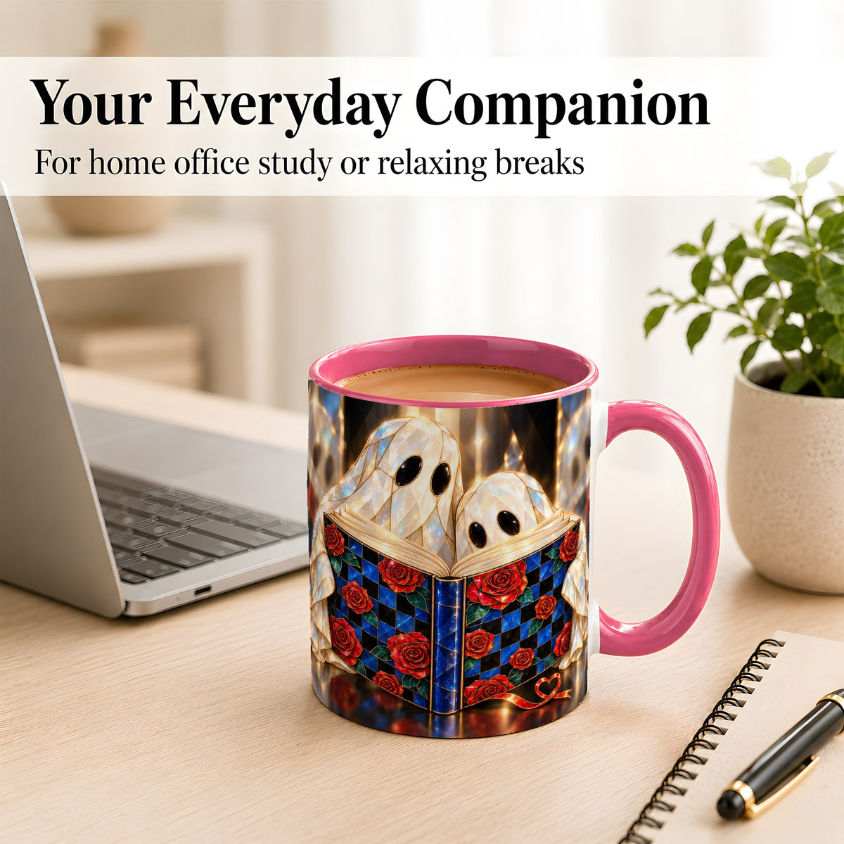 #pl[11oz|Pink] Crystal Ghost Readers Coffee Mug, Rose Book Mug, Ceramic Cup