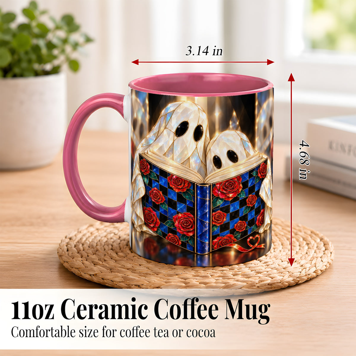#pl[11oz|Pink] Crystal Ghost Readers Coffee Mug, Rose Book Mug, Ceramic Cup