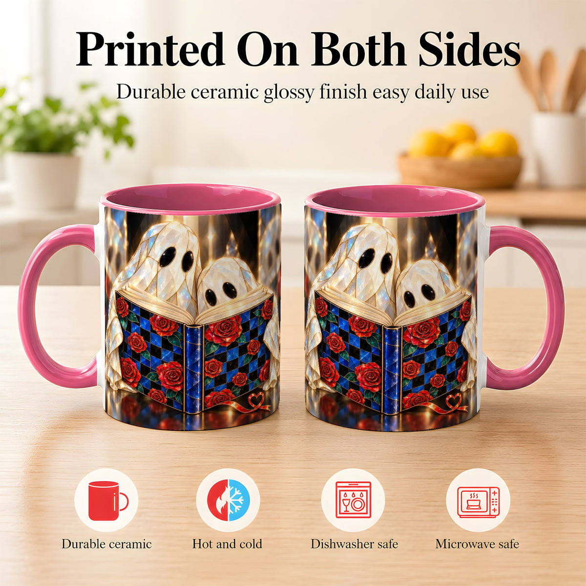 #pl[11oz|Pink] Crystal Ghost Readers Coffee Mug, Rose Book Mug, Ceramic Cup