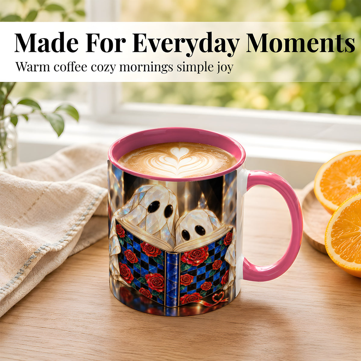 #pl[11oz|Pink] Crystal Ghost Readers Coffee Mug, Rose Book Mug, Ceramic Cup