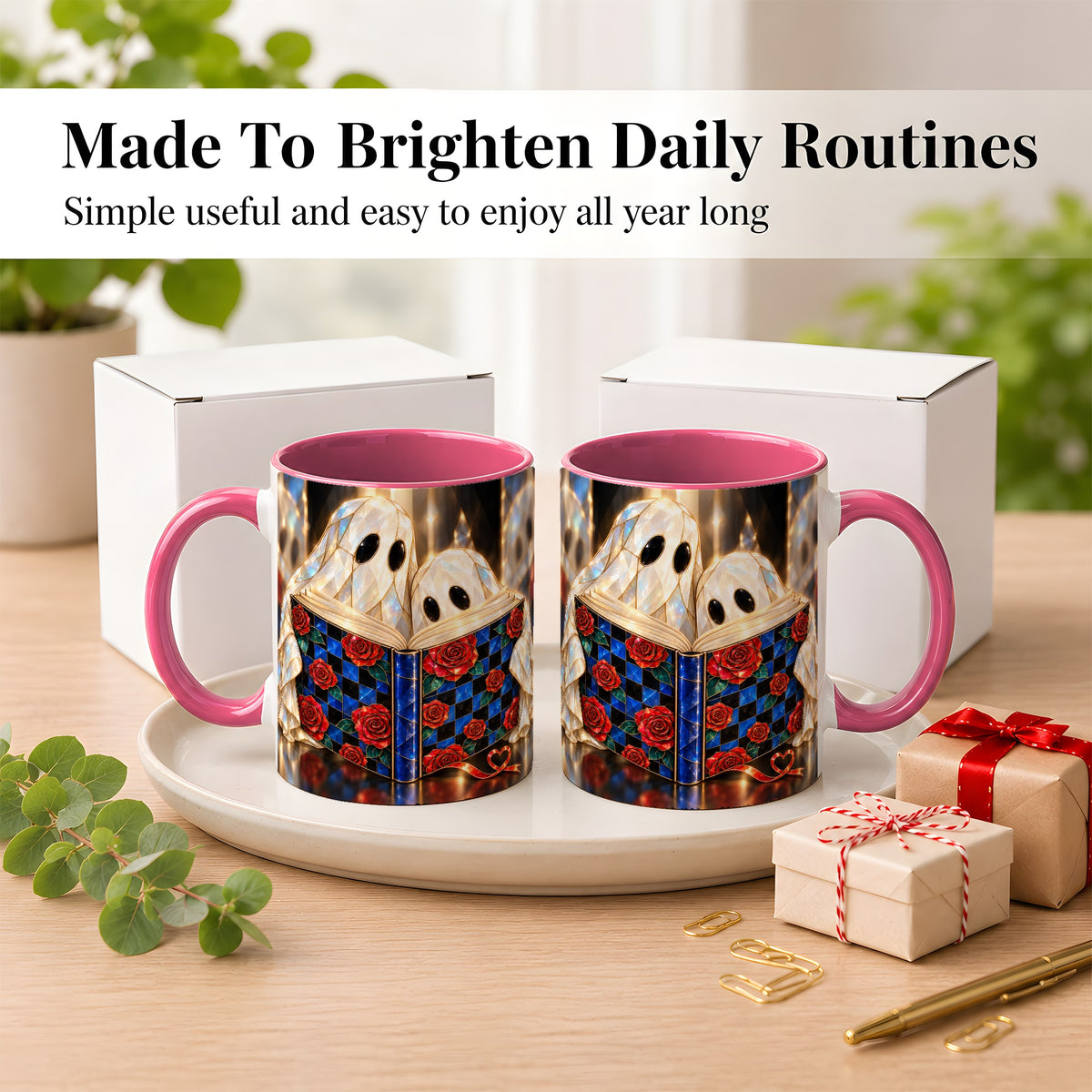 #pl[11oz|Pink] Crystal Ghost Readers Coffee Mug, Rose Book Mug, Ceramic Cup