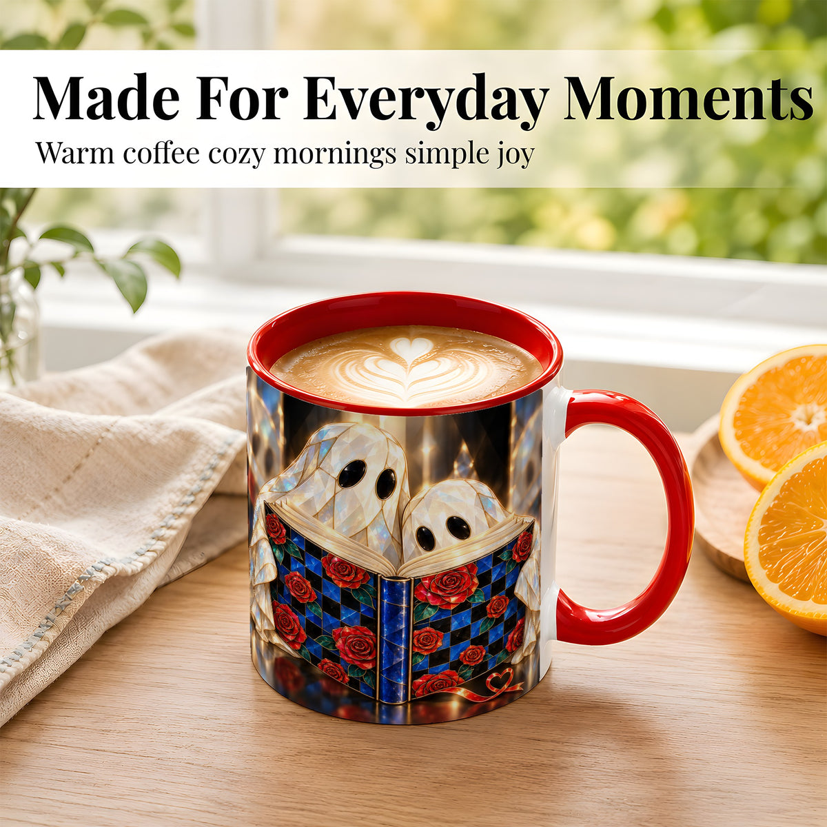 #pl[11oz|Red] Crystal Ghost Readers Coffee Mug, Rose Book Mug, Ceramic Cup