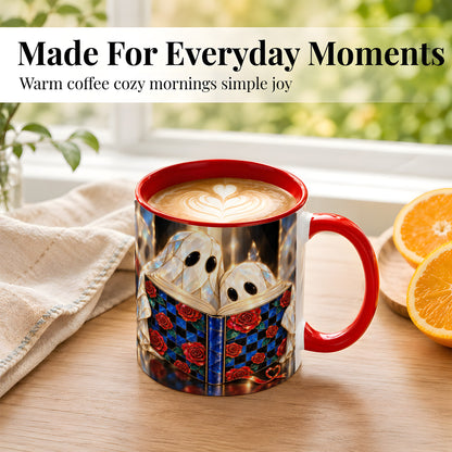 #pl[11oz|Red] Crystal Ghost Readers Coffee Mug, Rose Book Mug, Ceramic Cup