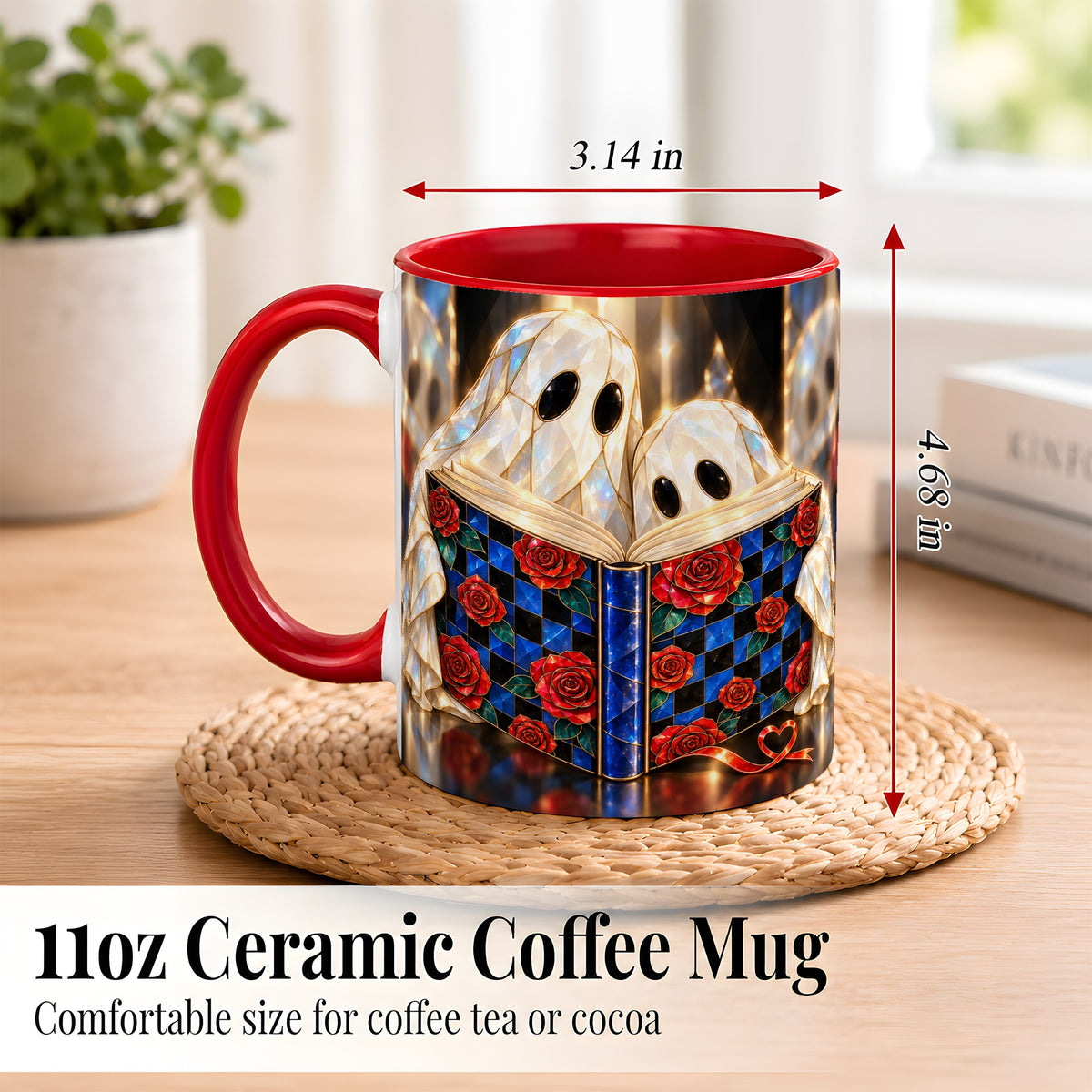 #pl[11oz|Red] Crystal Ghost Readers Coffee Mug, Rose Book Mug, Ceramic Cup