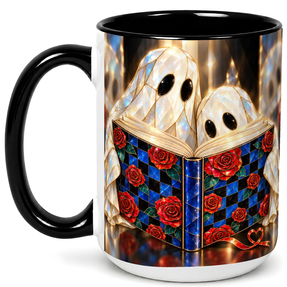 #pl[15oz|Black] Crystal Ghost Readers Coffee Mug, Rose Book Mug, Ceramic Cup