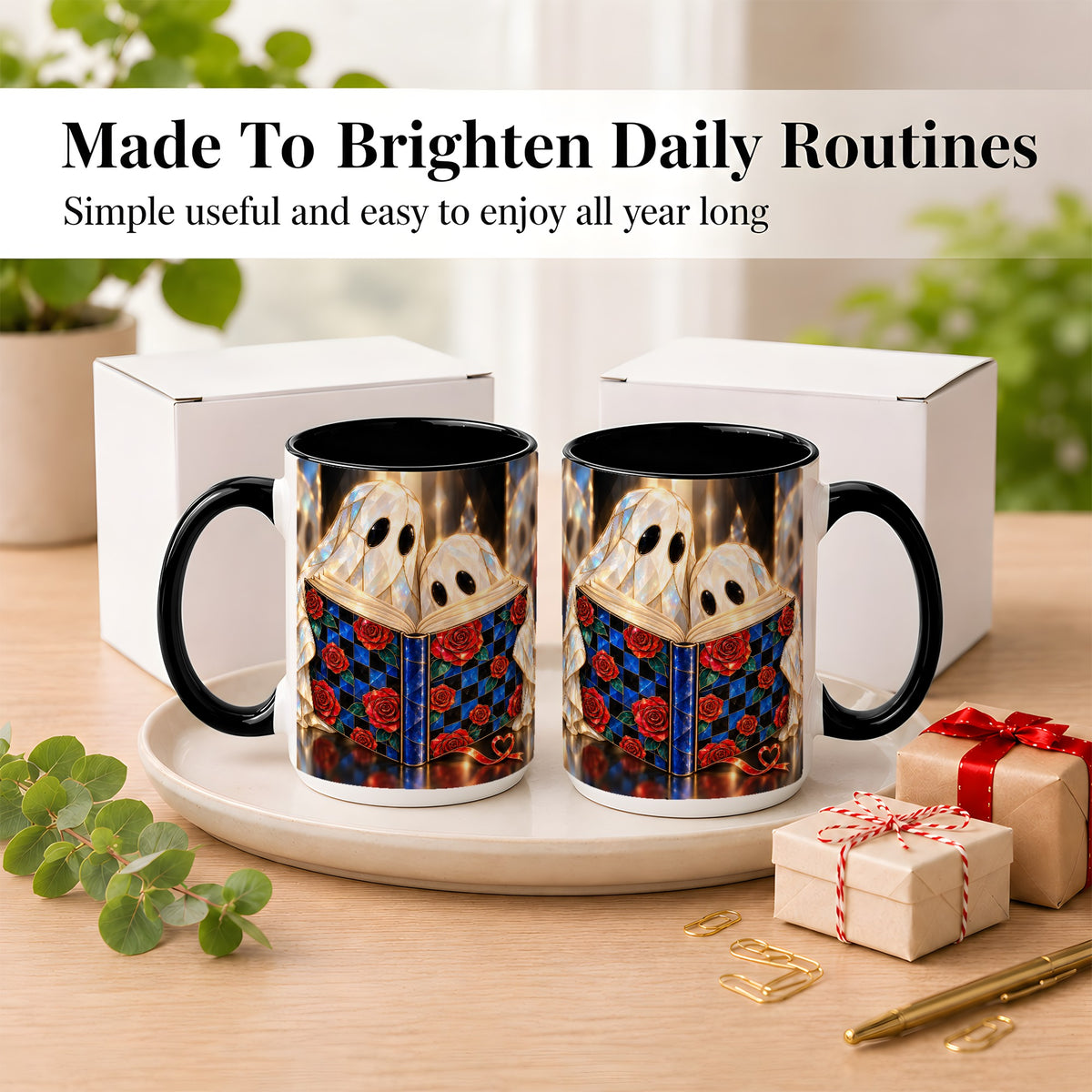 #pl[15oz|Black] Crystal Ghost Readers Coffee Mug, Rose Book Mug, Ceramic Cup