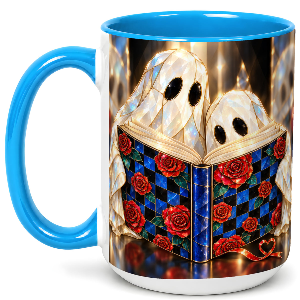 #pl[15oz|Blue] Crystal Ghost Readers Coffee Mug, Rose Book Mug, Ceramic Cup