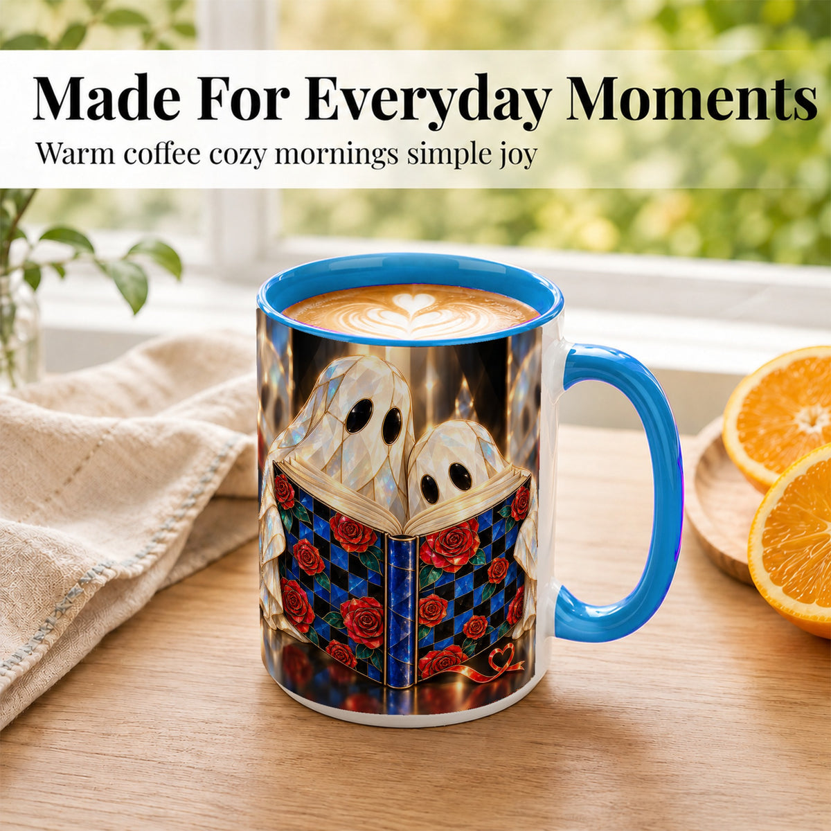 #pl[15oz|Blue] Crystal Ghost Readers Coffee Mug, Rose Book Mug, Ceramic Cup