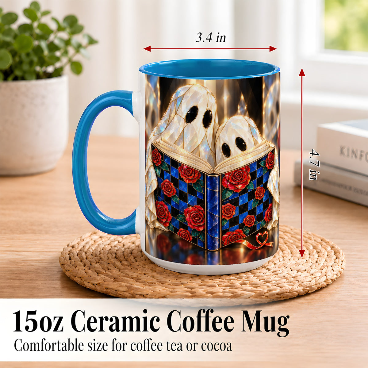 #pl[15oz|Blue] Crystal Ghost Readers Coffee Mug, Rose Book Mug, Ceramic Cup