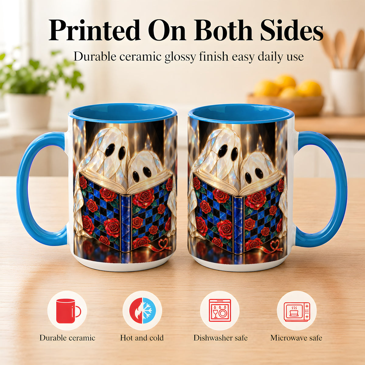 #pl[15oz|Blue] Crystal Ghost Readers Coffee Mug, Rose Book Mug, Ceramic Cup