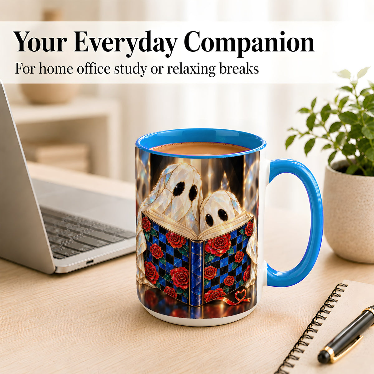#pl[15oz|Blue] Crystal Ghost Readers Coffee Mug, Rose Book Mug, Ceramic Cup