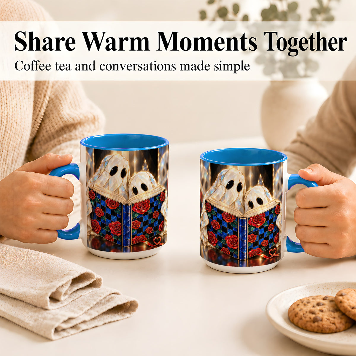 #pl[15oz|Blue] Crystal Ghost Readers Coffee Mug, Rose Book Mug, Ceramic Cup
