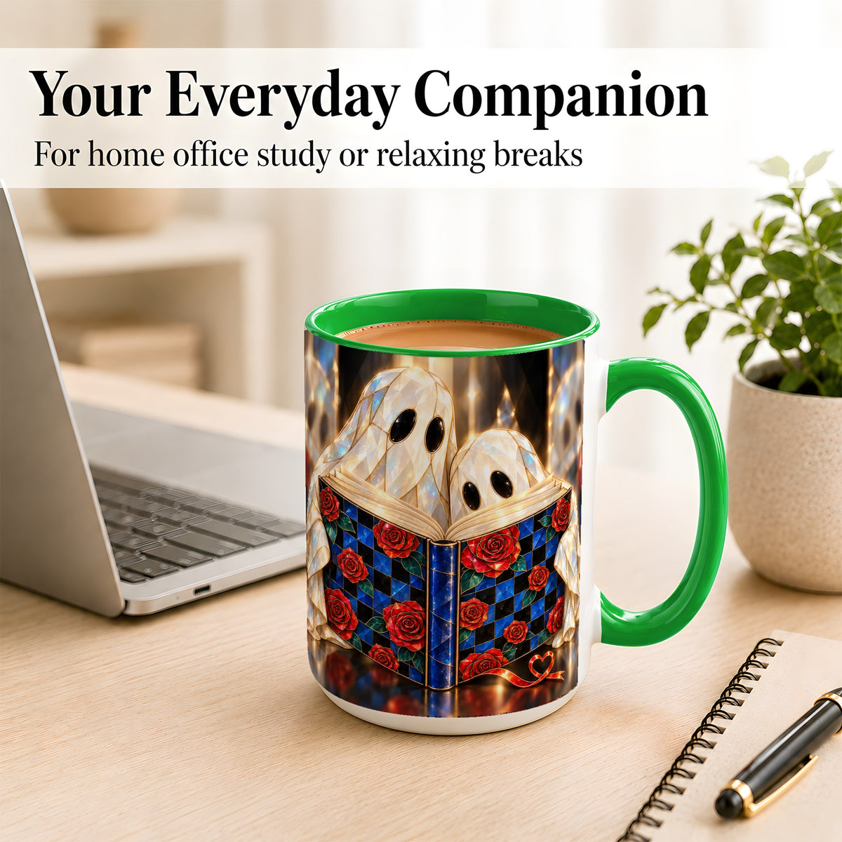 #pl[15oz|Green] Crystal Ghost Readers Coffee Mug, Rose Book Mug, Ceramic Cup