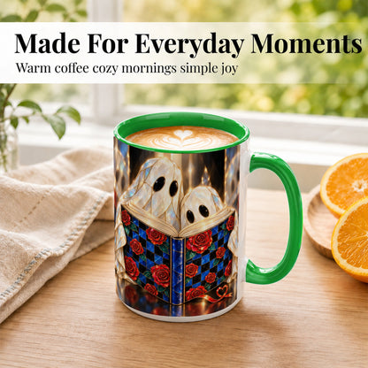 #pl[15oz|Green] Crystal Ghost Readers Coffee Mug, Rose Book Mug, Ceramic Cup