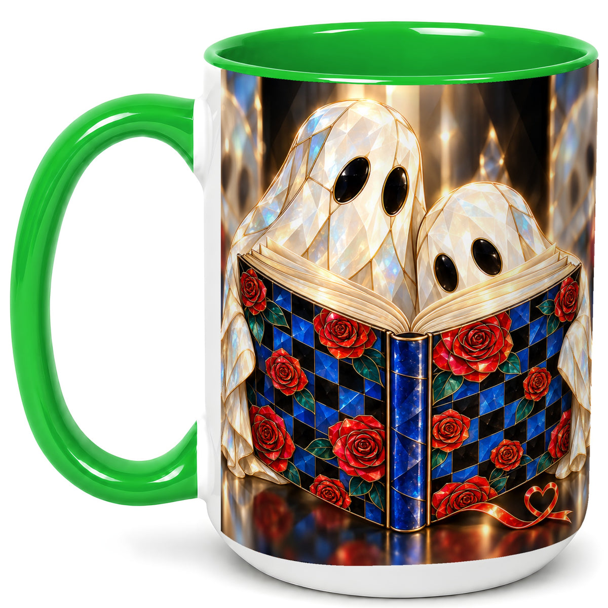 #pl[15oz|Green] Crystal Ghost Readers Coffee Mug, Rose Book Mug, Ceramic Cup