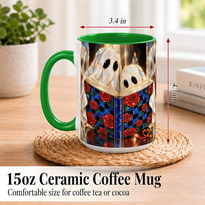 #pl[15oz|Green] Crystal Ghost Readers Coffee Mug, Rose Book Mug, Ceramic Cup