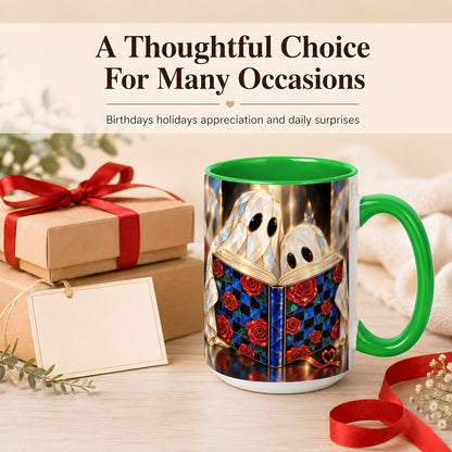 #pl[15oz|Green] Crystal Ghost Readers Coffee Mug, Rose Book Mug, Ceramic Cup