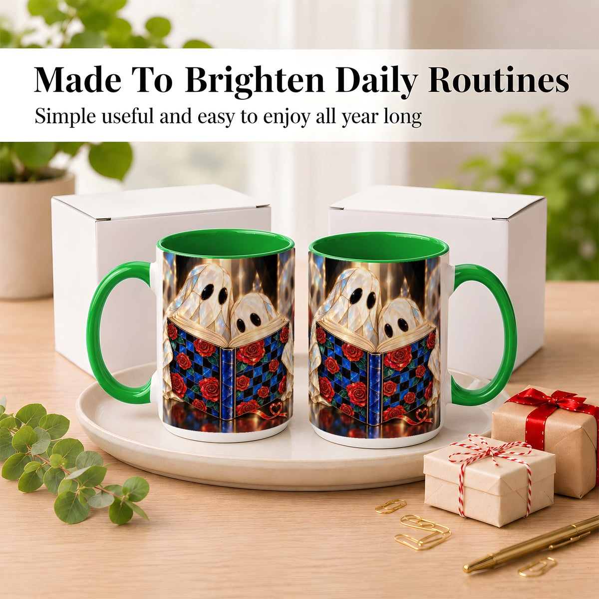 #pl[15oz|Green] Crystal Ghost Readers Coffee Mug, Rose Book Mug, Ceramic Cup