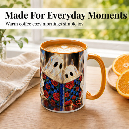 #pl[15oz|Orange] Crystal Ghost Readers Coffee Mug, Rose Book Mug, Ceramic Cup