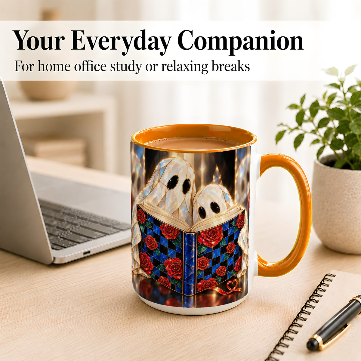 #pl[15oz|Orange] Crystal Ghost Readers Coffee Mug, Rose Book Mug, Ceramic Cup