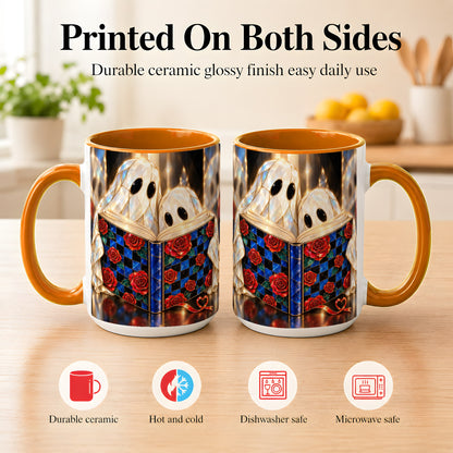 #pl[15oz|Orange] Crystal Ghost Readers Coffee Mug, Rose Book Mug, Ceramic Cup