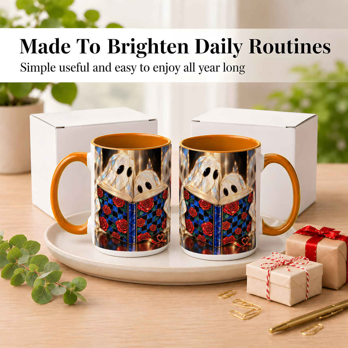 #pl[15oz|Orange] Crystal Ghost Readers Coffee Mug, Rose Book Mug, Ceramic Cup