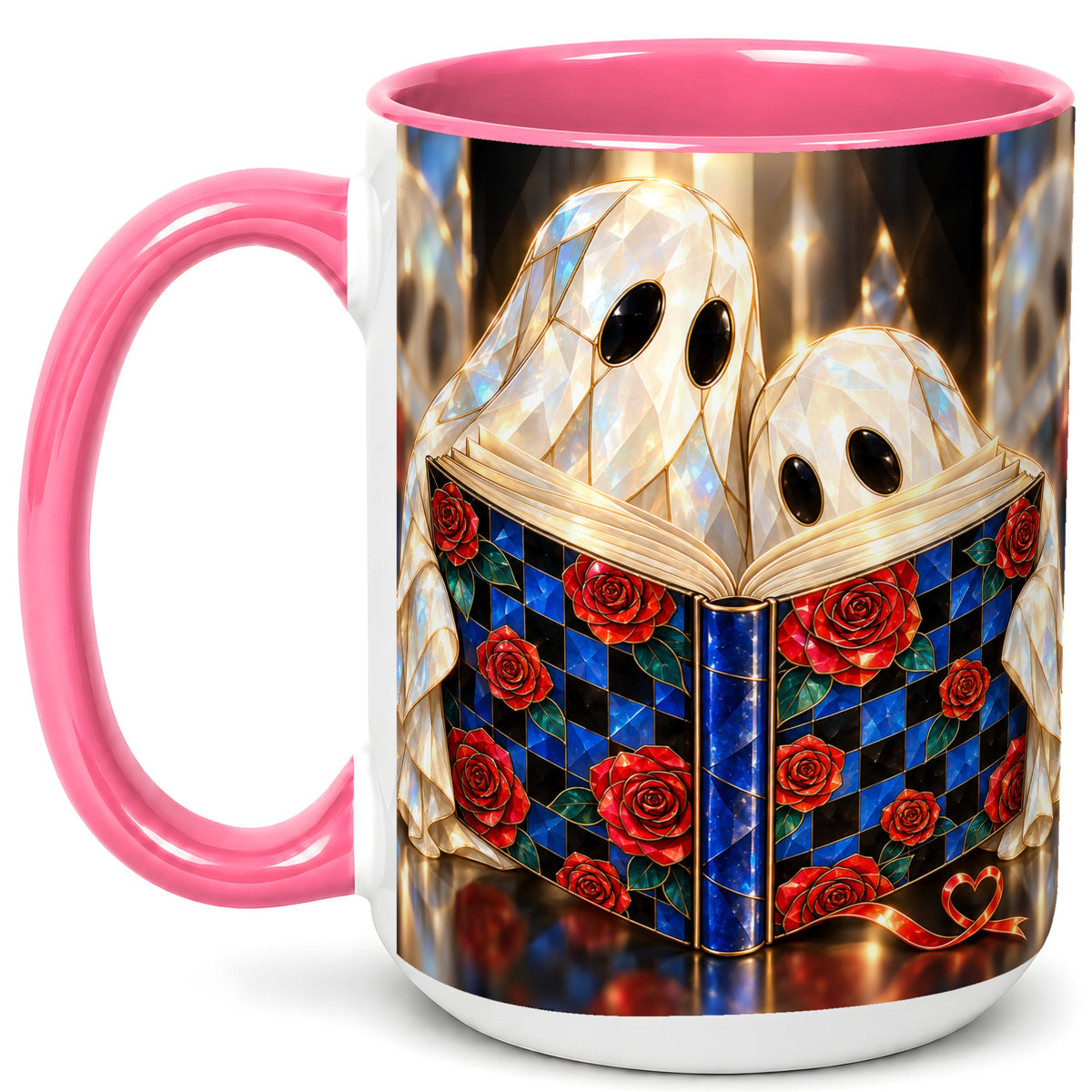 #pl[15oz|Pink] Crystal Ghost Readers Coffee Mug, Rose Book Mug, Ceramic Cup