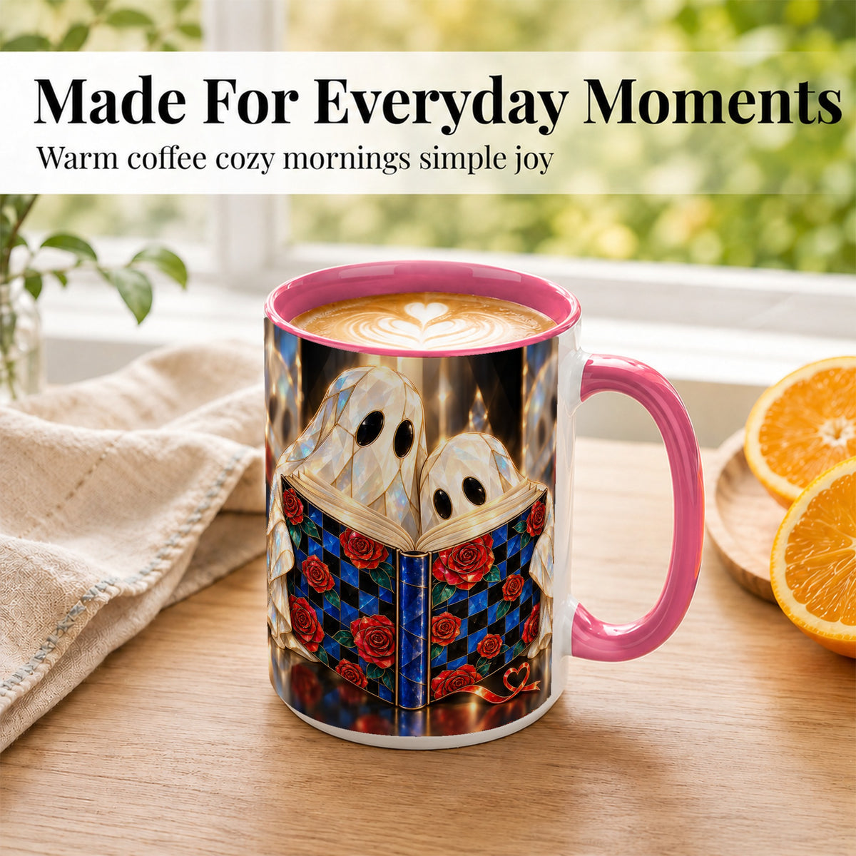 #pl[15oz|Pink] Crystal Ghost Readers Coffee Mug, Rose Book Mug, Ceramic Cup