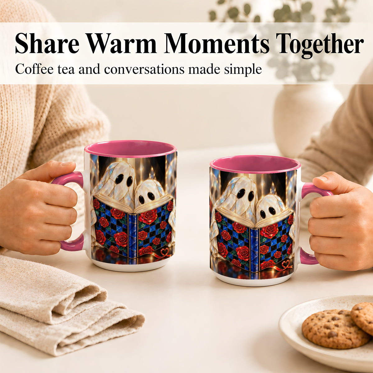 #pl[15oz|Pink] Crystal Ghost Readers Coffee Mug, Rose Book Mug, Ceramic Cup