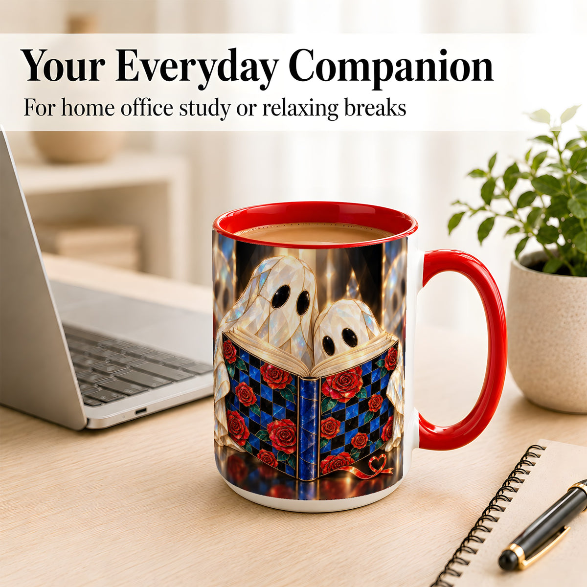 #pl[15oz|Red] Crystal Ghost Readers Coffee Mug, Rose Book Mug, Ceramic Cup