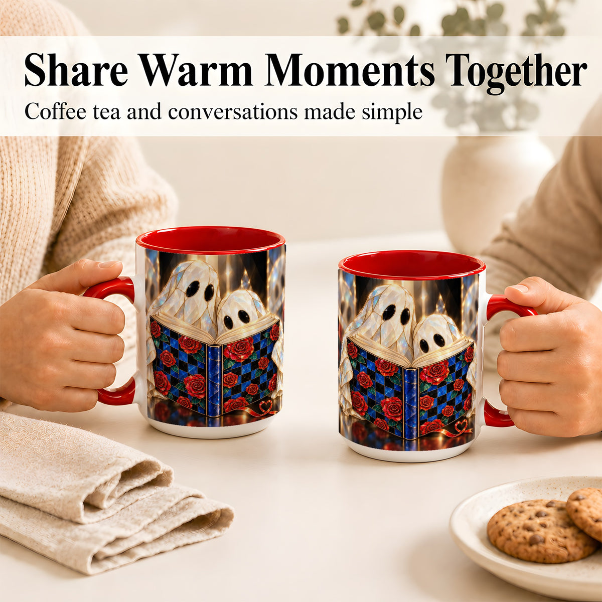 #pl[15oz|Red] Crystal Ghost Readers Coffee Mug, Rose Book Mug, Ceramic Cup