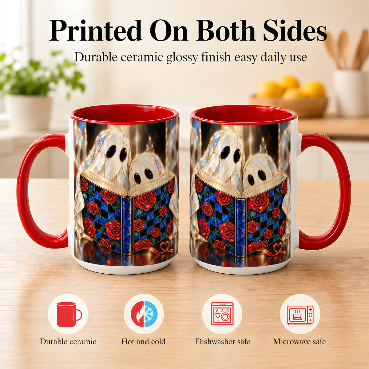 #pl[15oz|Red] Crystal Ghost Readers Coffee Mug, Rose Book Mug, Ceramic Cup