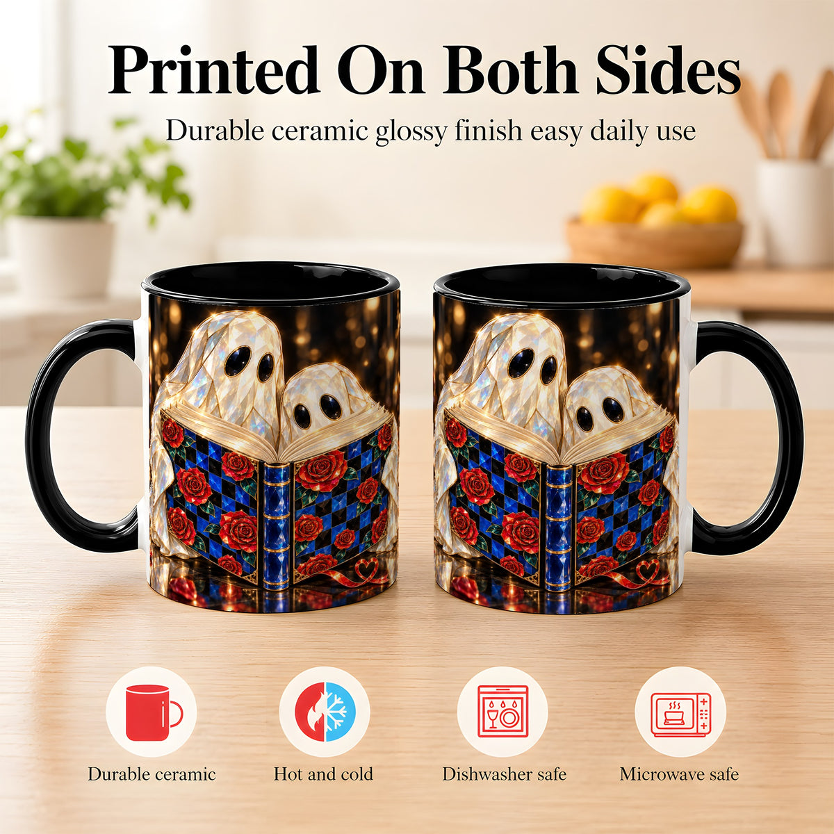 #pl[11oz|Black] Jewel Ghost Readers Coffee Mug, Rose Book Mug, Ceramic Cup