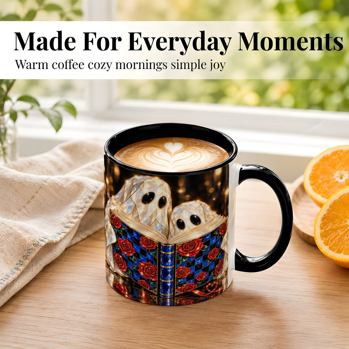 #pl[11oz|Black] Jewel Ghost Readers Coffee Mug, Rose Book Mug, Ceramic Cup